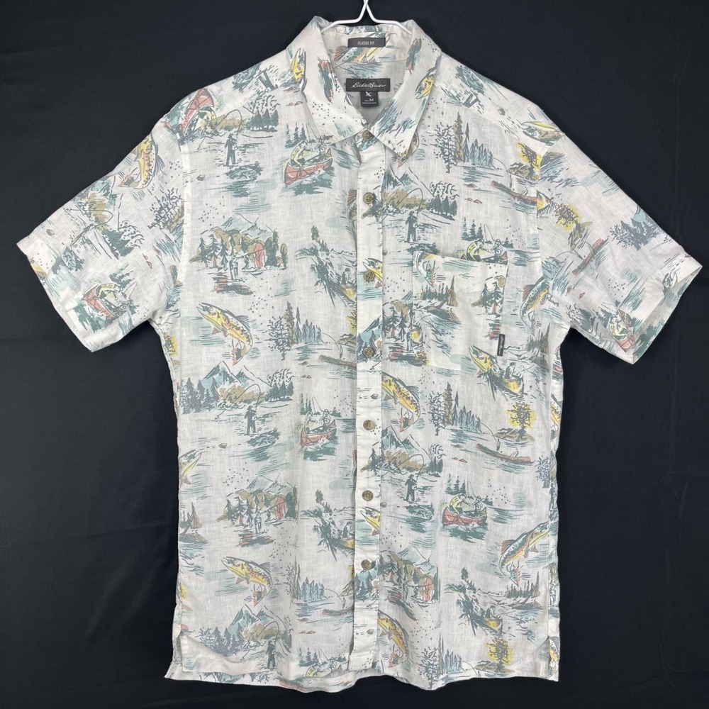 EUC Eddie Bauer Men M White Fishing Trout Print Linen Cotton Short Sleeve Shirt
